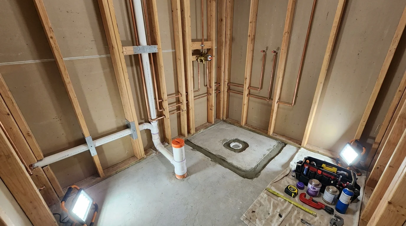 Bathroom rough-in plumbing during remodel by Johns Plumbing LLC in Scandia