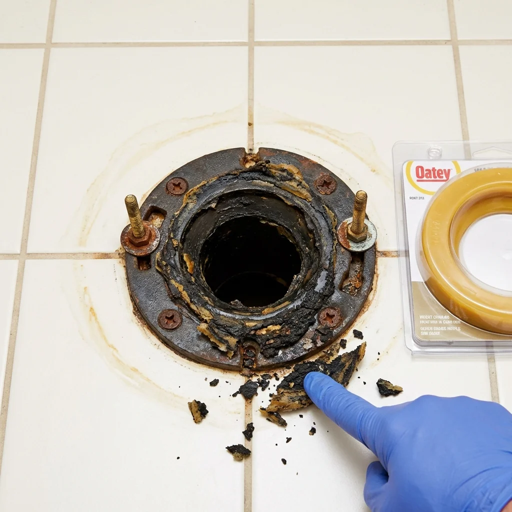 Failed wax ring showing water seepage at the base of a toilet in a Scandia, MN home