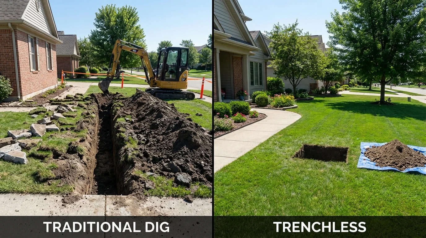 Trenchless sewer repair with minimal yard damage versus traditional excavation in Scandia, MN