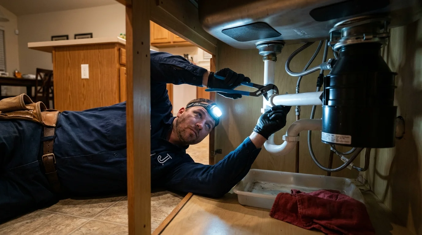 P-trap and supply line connections under a kitchen sink showing a common leak point in Scandia, MN